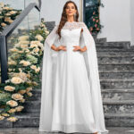 Women's Plus Size Solid Color Elegant Chiffon Round Neck Lace Stitching Cloak Evening Dress - Image 2