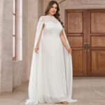 Women's Plus Size Solid Color Elegant Chiffon Round Neck Lace Stitching Cloak Evening Dress - Image 4