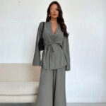 V-neck Women's Temperament Long Sleeve Elegant Wide-leg Pants Suit - Image 2