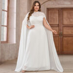 Women's Plus Size Solid Color Elegant Chiffon Round Neck Lace Stitching Cloak Evening Dress - Image 3
