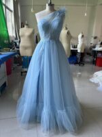 Blue One-shoulder Feather Wedding Dress - Image 2