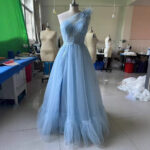 Blue One-shoulder Feather Wedding Dress - Image 6