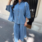 Casual Striped Shirt Wide Leg Pants Suit
