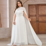 Women's Plus Size Solid Color Elegant Chiffon Round Neck Lace Stitching Cloak Evening Dress
