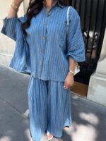 Casual Striped Shirt Wide Leg Pants Suit - Image 7